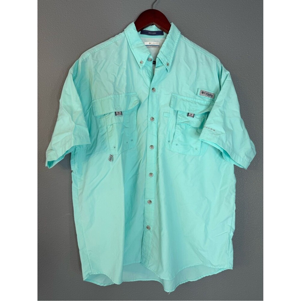 Columbia PFG Fishing Shirt Mens Large Aqua Short Sleeve Vented Omni Shade